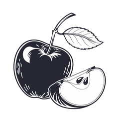 Obraz premium A striking bold black silhouette vector of an apple, designed with a smooth, solid shape and minimal detailing. This high-contrast design includes the iconic apple form with a stem and leaf, 