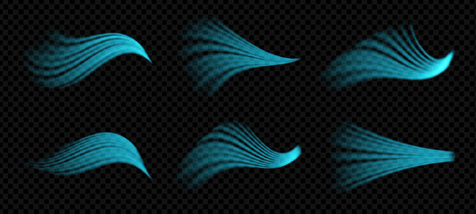 Cool air swirl with fresh wind flow effect. Abstract blue vortex trail and aroma wave. Vector 3D spiral with mist, blur and glow. Clean conditioner or fan concept. Transparent isolated background.