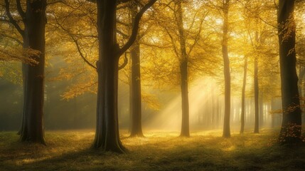 Fototapeta premium As dawn breaks, a magical mist blankets the forest, shrouding the towering trees in mystery and creating a serene, tranquil ambiance