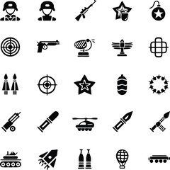Military Might A Collection of War and Defense Icons Showcasing Weapons Vehicles and Soldier Representations Symbolizing Strength and Strategy