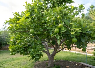 Green limes growing on tree in outdoor natural garden scene