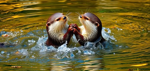 Two otters frolic, splashing in a crystal-clear stream, playful interaction in their natural environment,  stream,  environment