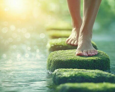 A person's bare feet carefully stepping on moss-covered stepping stones across water. A moment of peaceful walking on a journey
