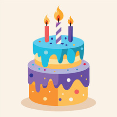 Two-Tiered Colorful Birthday Cake with Burning Candles Illustration