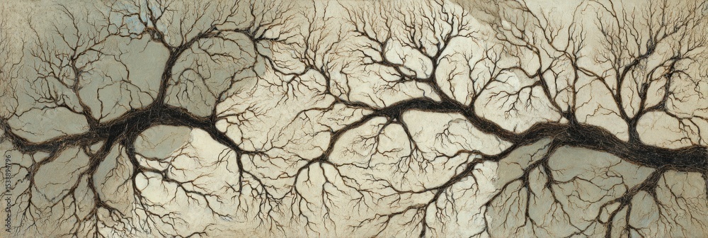 Poster Neurons Intricately Resembling Tree Branches Spread Across a Muted Canvas in a Calming Display of Nature and Science