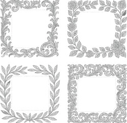 Set of vintage decorative frames with ornate floral borders and retro Victorian design elements
