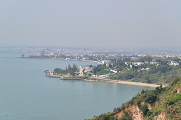 Coastal View from Sidi Bou Said Showing Shoreline and Deep Blue Waters of the Mediterranean Sea in Tunisia