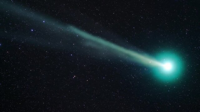 A comet with long tail streaks across the vast starry night sky.