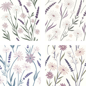 Seamless pattern of daisies and lavender, SVG vector illustration, pastel color palette, tileable design, transparent background