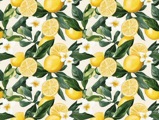 Vibrant watercolor lemon and plumeria floral pattern on a cream background