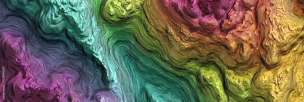 Poster Topographic Lines Resemble Nerves in an Abstract Terrain Displaying Vibrant Colors and Intricate Patterns Across the Surface