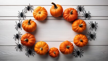 halloween pumpkins and spiders circle on white wooden background