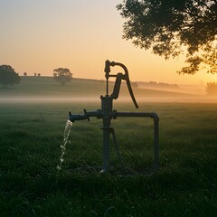 Fototapeta premium Water Pump in Field at Sunrise