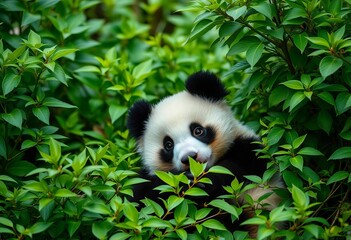 Obraz premium Playful panda cub nestled in lush green foliage, isolated, zoology, habitat