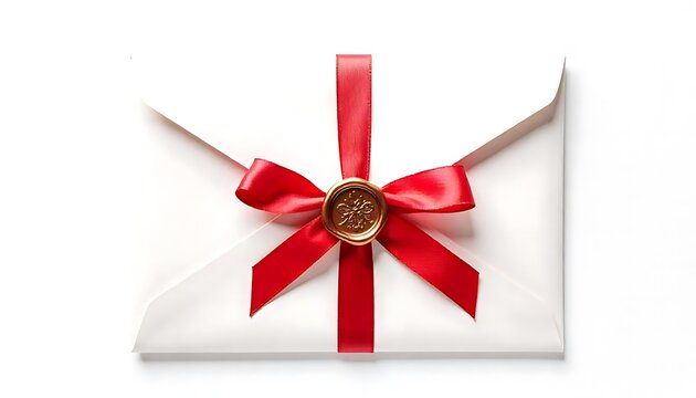 white envelope tied with a bold red ribbon and a classic copper wax seal, isolated against a pure white background
