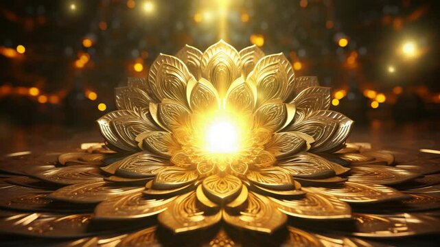 Golden Lotus Flower with Glowing Center in a Serene and Mystical Ambiance