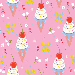 Seamless vector birthday pattern with ice cream, flowers, bows, and tulips. Pink cute girly background.