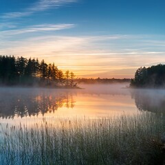 Fototapeta premium Breathtaking Sunrise over a Misty Lake Serene Landscape with Trees, Water Reflections, and Calm Atmosphere