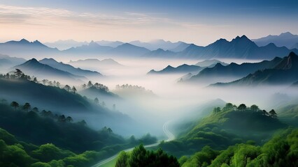 Obraz premium Breathtaking Misty Mountain Landscape at Dawn with Fog, Trees and Serene Views, Nature Photography, Calm and Peaceful Scenery, Ideal for Travel and Scenic Destinations.