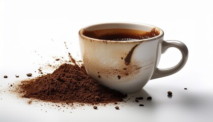 dirty coffee cup with coffee grounds isolated on white background