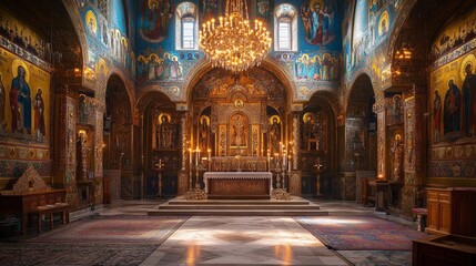 Ornate church interior with altar chandelier paintings and detailed architecture.