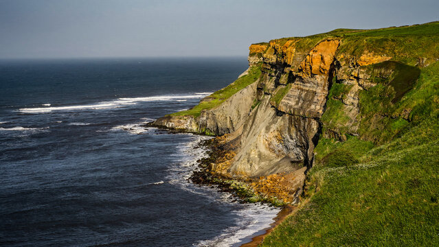 Eroding cliffs and green meadows meet the North Sea under a cloudy sky in Whitby, a coastal town in North York Moors National Park, UK