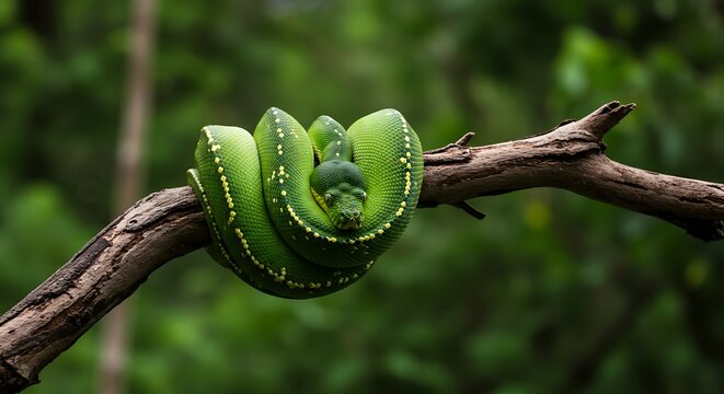 green snake on branch in forest for world snake day