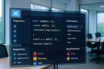 Programming code interface, artificial intelligence, and code suggestions displayed on transparent digital screen in modern office environment, evoking innovation and focus