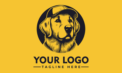A golden retriever wearing a cap, centered in a black circle on a yellow background.