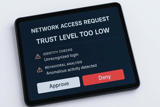 Network access request, screen with trust level too low warning, showing identity, checks for unrecognized login and behavioral analysis for anomalous activity detected, with approve and deny options