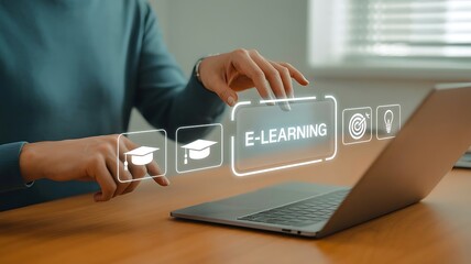 Person using laptop with e learning interface and icons overlayed image