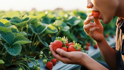 Young man enjoying fresh strawberries straight from the green farm garden during golden hour - Powered by Adobe