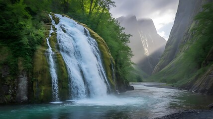 Fototapeta premium A scenic waterfall cascading into a river with mountains in background