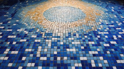 Stunning Mosaic Tile Art Blue and Orange Circle Design, Geometric Pattern, Decorative Floor, Artistic Abstract Texture, Architectural Detail, Interior Design, Contemporary Art