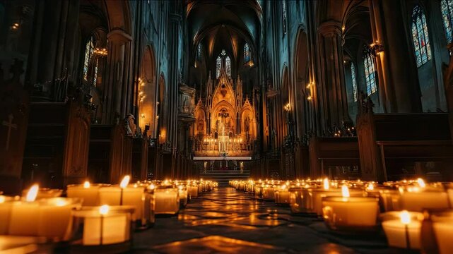A gothic cathedral interior lit by candles dramatic shadows dark romantic atmosphere 