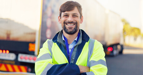 Logistics, arms crossed and truck with portrait of man for fleet manager, freight shipping or...