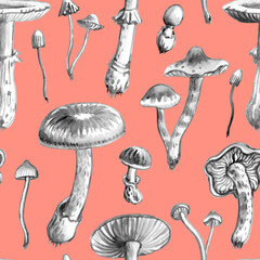 Seamless pattern of gray mushrooms on peach pink, coral background, watercolor illustration. print for fabric and other surfaces.