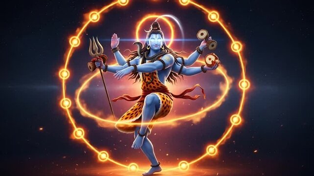 Beautiful animated depiction of lord shiva performing cosmic dance with glowing rings in vibrant colors