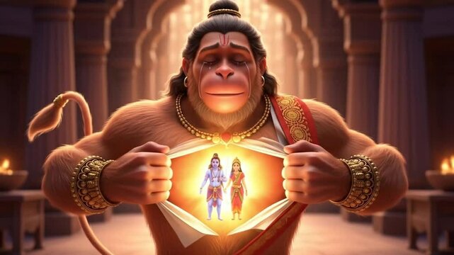 Animated depiction of mythological figure revealing divine image inside glowing chest in temple setting