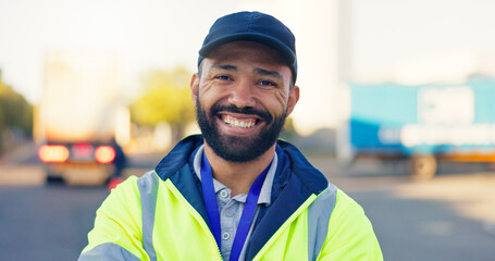 Naklejka na ściany i meble Logistics, delivery and portrait of man in yard for shipping, fleet manager and supply chain. Dispatch, freight trucks and distribution with person for transport, safety supervisor and export