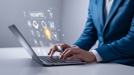 Person typing on a laptop with ai prompts displayed above the keyboard