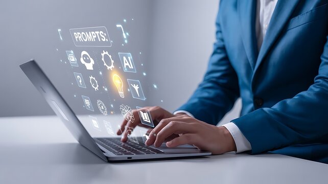 Person typing on a laptop with ai prompts displayed above the keyboard