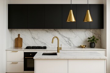 Contemporary Chic Kitchen with Stylish Black and White Cabinets, Golden Fixtures, and Marble Tiles

