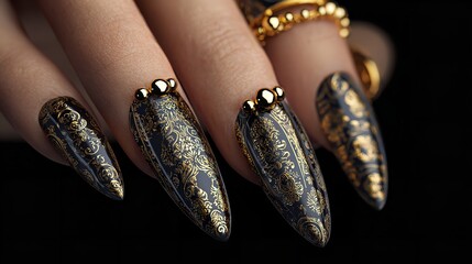 nails with a black base featuring abstract red and gold metallic designs, possibly resembling flames or abstract art.