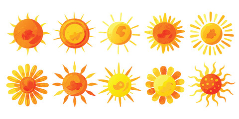 Watercolor Sun Illustrations Collection with Various Rays