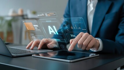 A person interacting with ai interfaces on a tablet and a laptop nearby