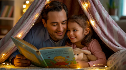 Father and daughter reading book together in tent with lights family time happy moments childhood