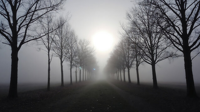 Avenue of trees disappearing into the fog, creating a mysterious and atmospheric landscape with a monochrome color palette.