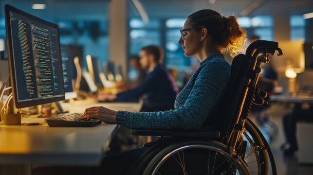 A senior developer in a wheelchair collaborating with junior engineers on software code in an open-plan tech office