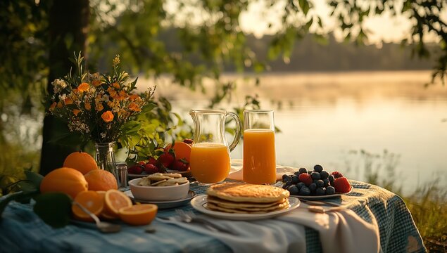 Lakeside Breakfast Scene with Pancakes, Fresh Fruit, and Juice Overlooking a Mountain Landscape with Blooming Flowers
